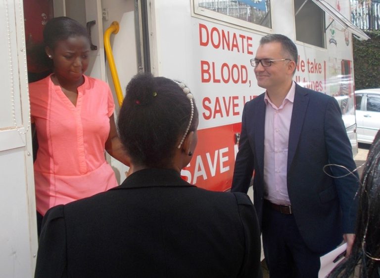 Airtel Uganda Managing Director Anwar Soussa entering the van to donate blood at the Head Offices on Monday