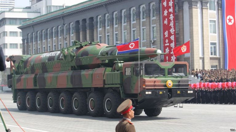 A North Korean military vehicle carries what is believed to be a Taepodong