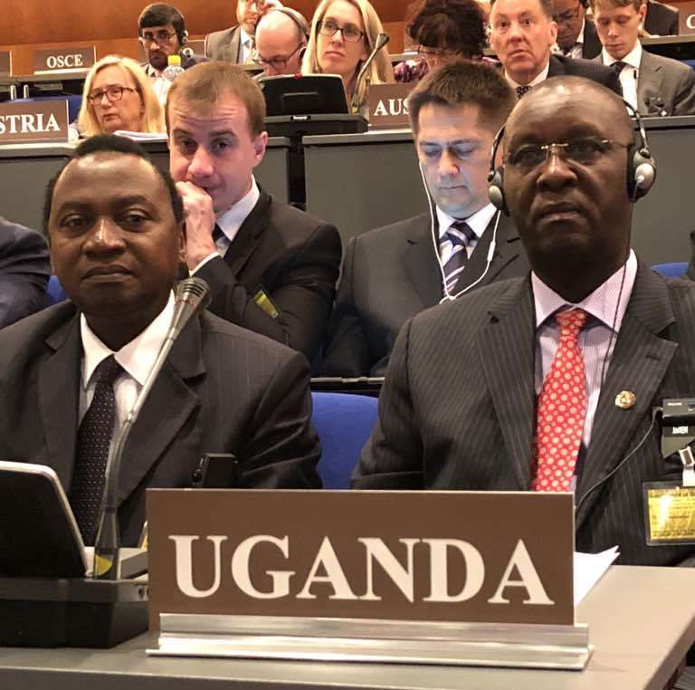 Gender Ministry permanent Secretary Pius Bigirimana (R) with the Commisisoner Occupational Safety and Health David Mugisa at the Convention in The Hague.