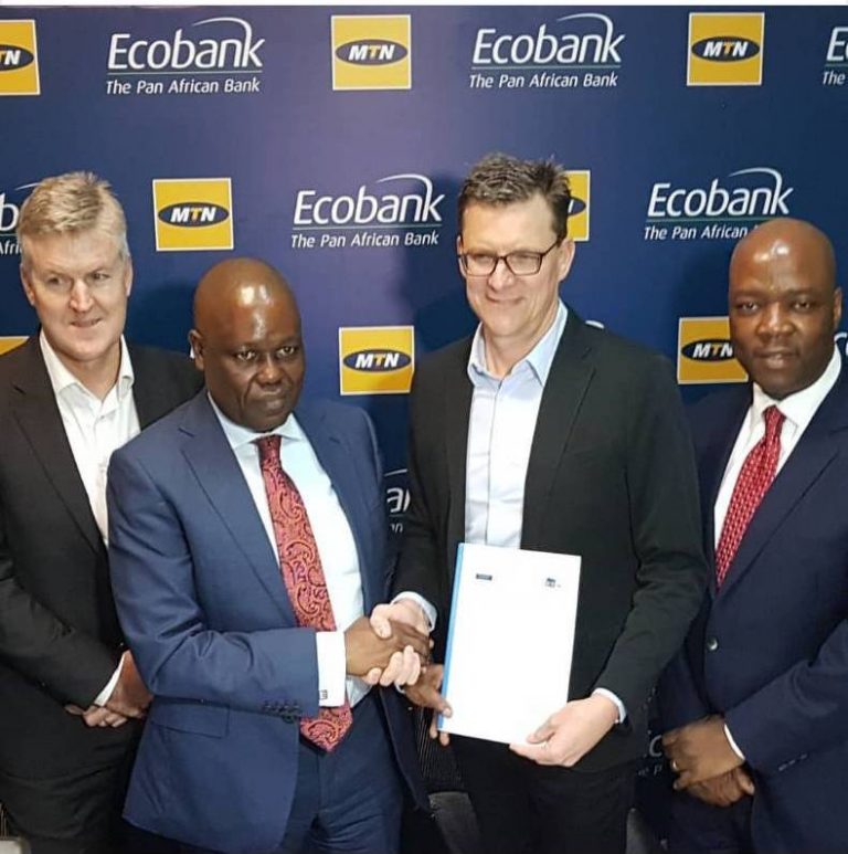 Rob Shuter, group CEO of MTN (2nd R) and Ade Ayeyemi, CEO of Ecobank (2nd L) attended the signing in Lagos, the commercial hub of Nigeria.