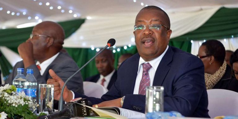 Cooperative Bank of Kenya group managing director Gideon Muriuki (right) and Chairman Stanley Muchiri during the bank’s annual general meeting at the Bomas of Kenya in Nairobi on May 27, 2016
