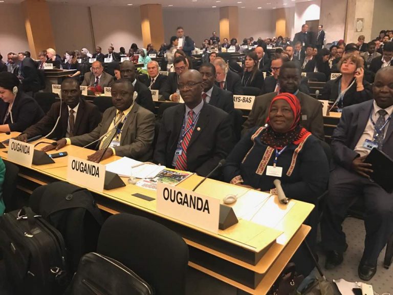 Gender Minister Janat Mukwaya (front R), Permanent Secretary, Pius Bigirimana and other Uganda delegates at the ILO conference in Geneva on Monday.