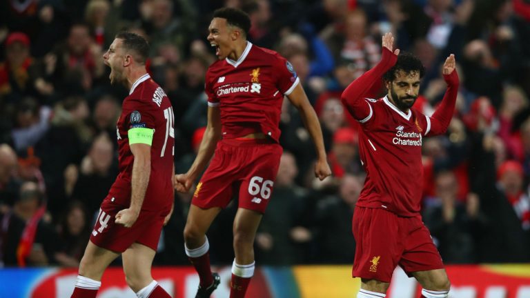 Mohamed Salah, Jordan Henderson and Trent Alexander during the Champions League against Roma