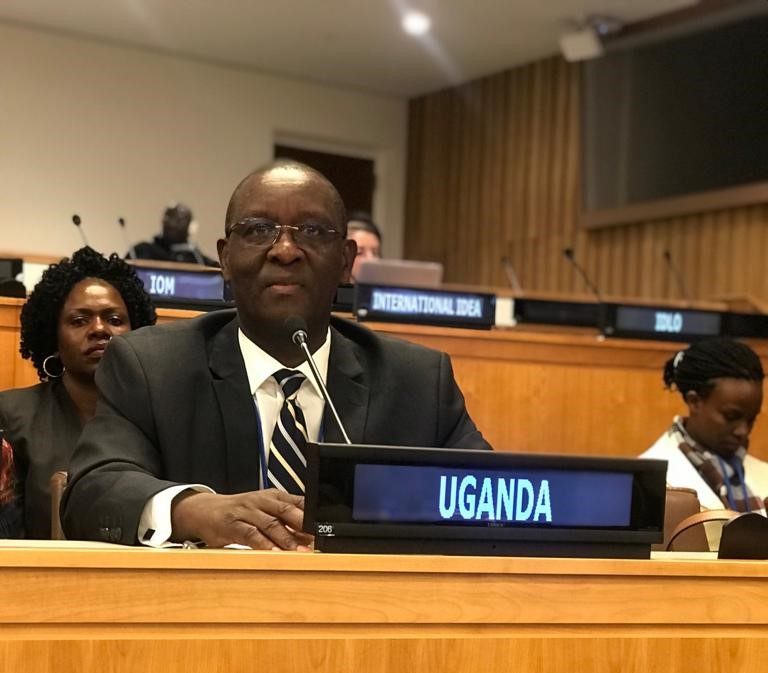 Ministry of Gender, Labour and Social Development Permanent Secretary Pius Bigirimana speaking during the plenary session at the ongoing UN meeting in New York