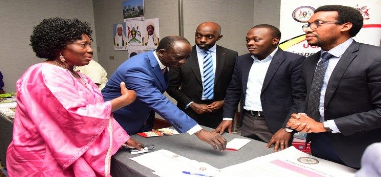 Speaker Rebecca Kadaga togetheter with Ambassador Mull Katende intracts with staff from Ministry of finance after addressing the UNNA Convention at Hyatt Regency in Chicago, USA on 30th Aug 2019