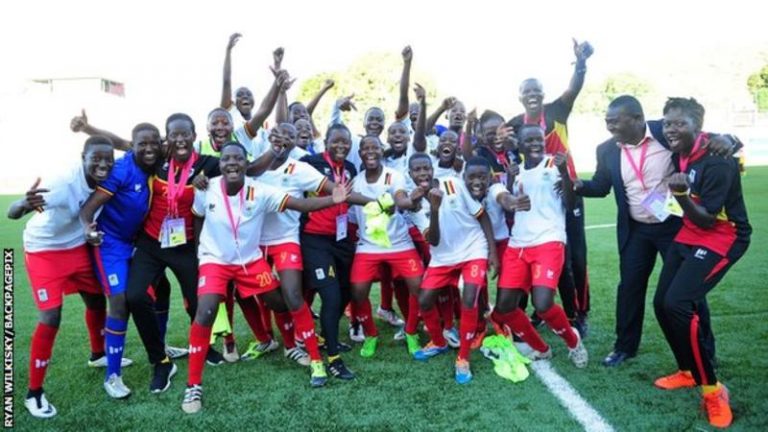 The jubilant Uganda players celebrate after being crowned Cosafa Women's U-17 champions