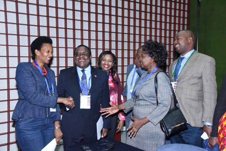 Hon. Anyakun Esther, Speaker of Kenya Senate, Rt. Hon Kenneth M. Lusaka and Kenya MPs share a light moment after the IPU Africa group meeting -- small
