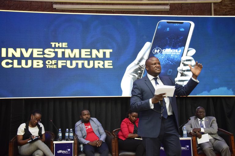 dfcu Bank’s CEO, Mathias Katamba speaking at the launch of the Investment Club App