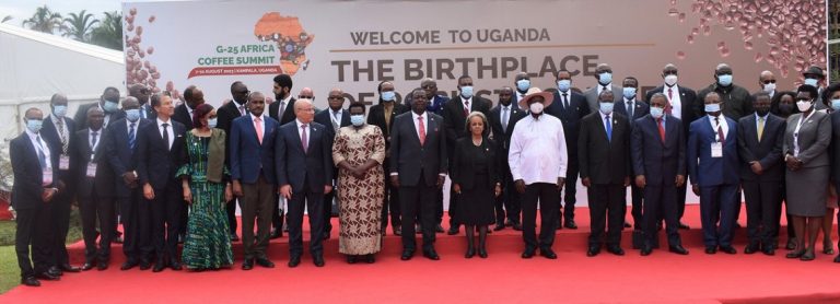 African leaders in a group photo on day one of the second African Coffee Summit taking place at Speke Resort Munyonyo